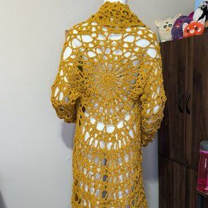Hand Crafted Wild Flower Mustard Yellow Crochet Jacket L/XL